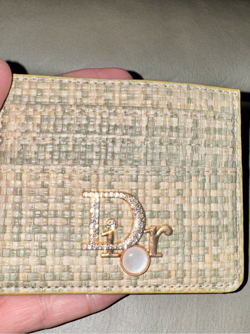 Embellished Monogram Card Holder in Woven Beige